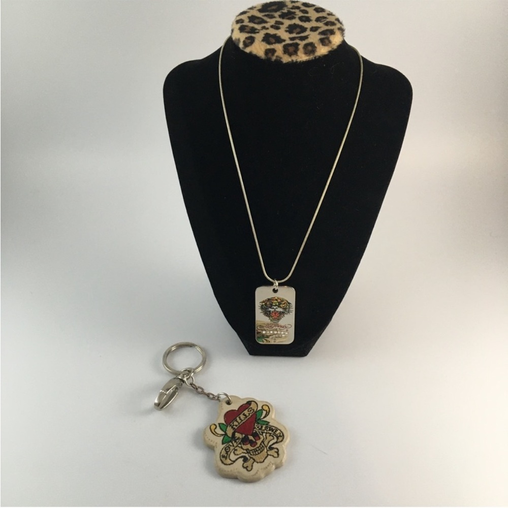 Vintage Ed Hardy Dog Tag Necklace & Key Chain